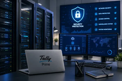 TallyPrime laptop in a server room alongside network security monitoring screens