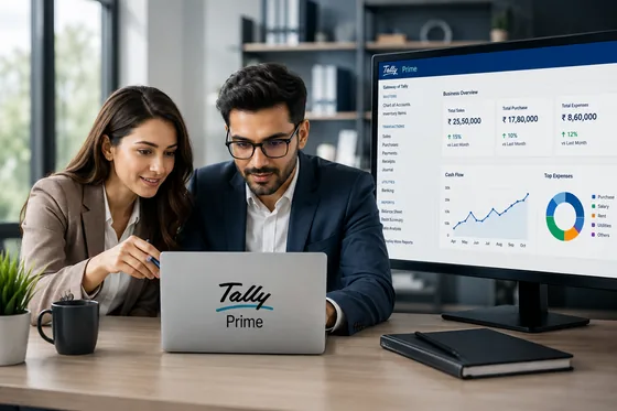 Accountant and colleague working in TallyPrime with a business dashboard on screen